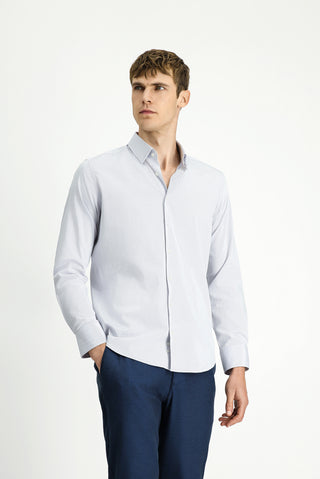 Orta Gri Uzun Kol Slim Fit Dar Kesim Klasik Desenli Pamuk Gömlek