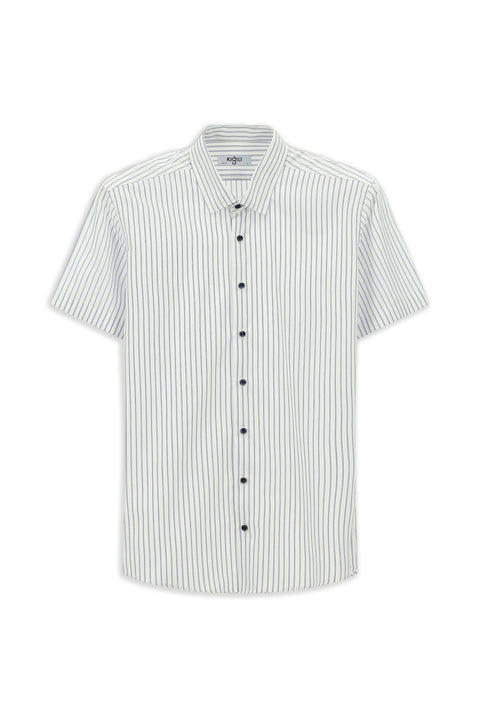 Orta Lacivert Kısa Kol Slim Fit Dar Kesim Pamuk Çizgili Gömlek