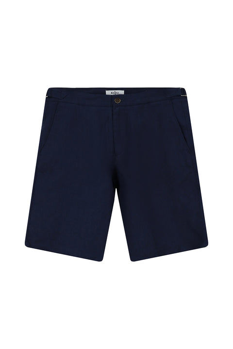 Koyu Lacivert Regular Fit Standart Kesim Tokalı Keten Bermuda Şort