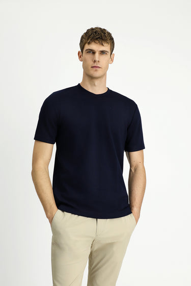 Koyu Lacivert Bisiklet Yaka Regular Fit Baskılı Tişört