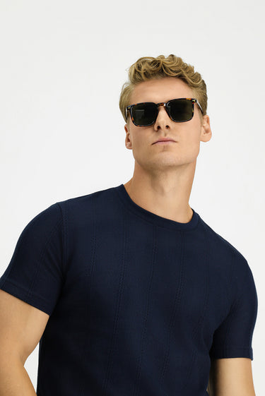 Orta Lacivert Bisiklet Yaka Regular Fit Desenli Pamuk Tişört