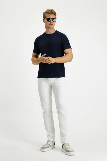 Orta Lacivert Bisiklet Yaka Regular Fit Desenli Pamuk Tişört