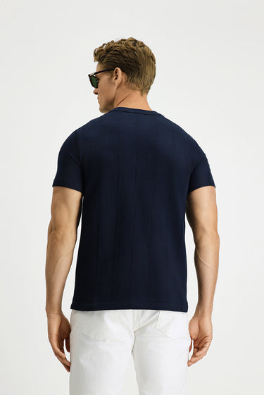 Orta Lacivert Bisiklet Yaka Regular Fit Desenli Pamuk Tişört