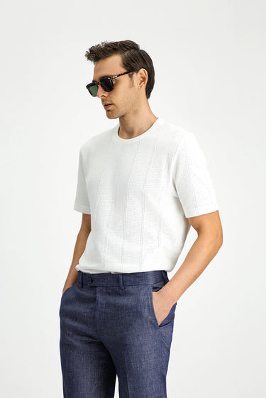 Beyaz Bisiklet Yaka Regular Fit Desenli Pamuk Tişört