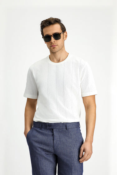 Beyaz Bisiklet Yaka Regular Fit Desenli Pamuk Tişört