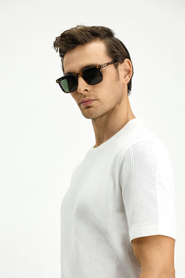 Beyaz Bisiklet Yaka Regular Fit Desenli Pamuk Tişört