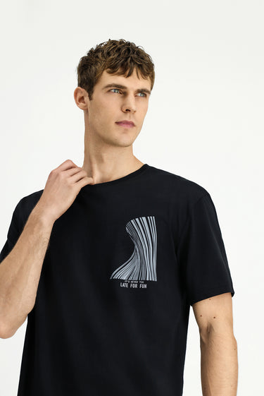 Siyah Bisiklet Yaka Oversize Pamuk Baskılı Tişört