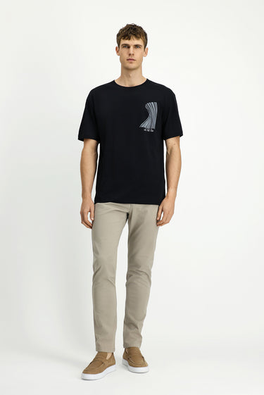 Siyah Bisiklet Yaka Oversize Pamuk Baskılı Tişört