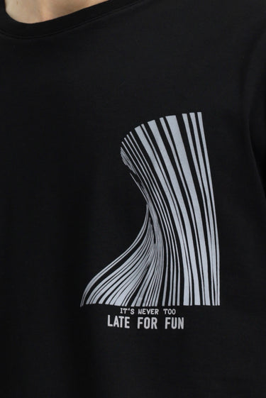 Siyah Bisiklet Yaka Oversize Pamuk Baskılı Tişört