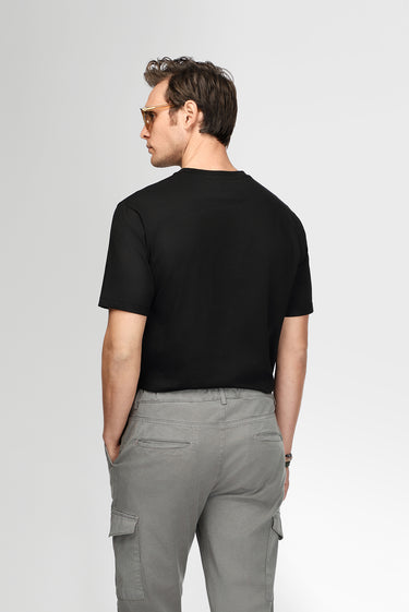 Siyah Bisiklet Yaka Regular Fit Baskılı Pamuk Tişört