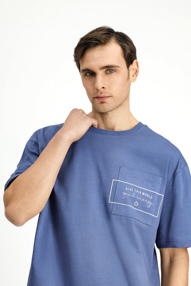 İndigo Bisiklet Yaka Oversize Pamuk Baskılı Tişört