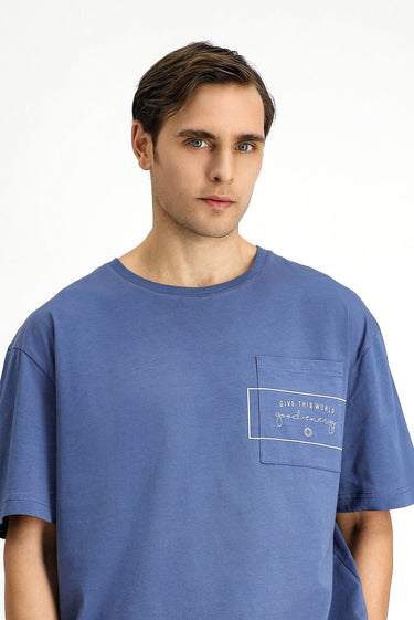 İndigo Bisiklet Yaka Oversize Pamuk Baskılı Tişört