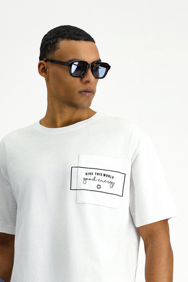 Beyaz Bisiklet Yaka Oversize Pamuk Baskılı Tişört