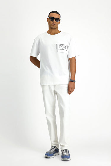 Beyaz Bisiklet Yaka Oversize Pamuk Baskılı Tişört