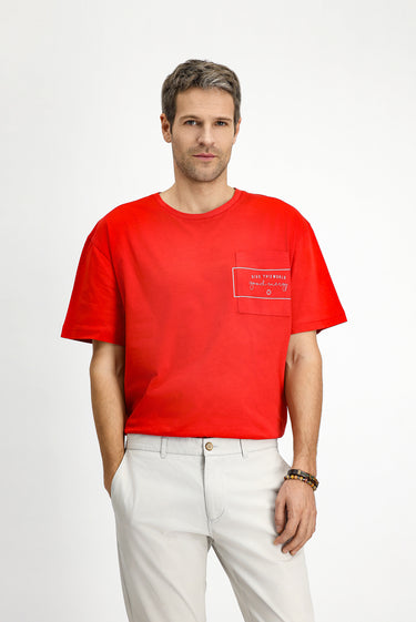 Bayrak Kırmızı Bisiklet Yaka Oversize Pamuk Baskılı Tişört