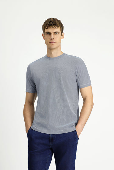 İndigo Bisiklet Yaka Regular Fit Çizgili Merserize Pamuk Tişört