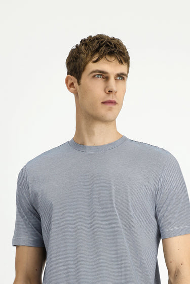 İndigo Bisiklet Yaka Regular Fit Çizgili Merserize Pamuk Tişört