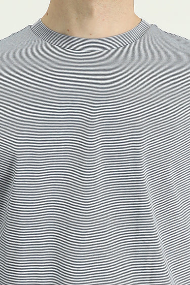 İndigo Bisiklet Yaka Regular Fit Çizgili Merserize Pamuk Tişört