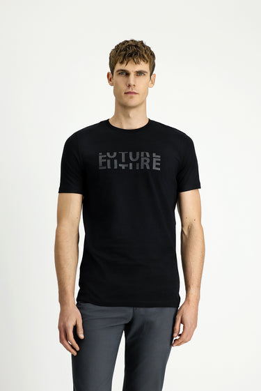 Siyah Bisiklet Yaka Regular Fit Pamuk Baskılı Tişört