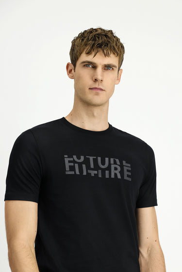 Siyah Bisiklet Yaka Regular Fit Pamuk Baskılı Tişört