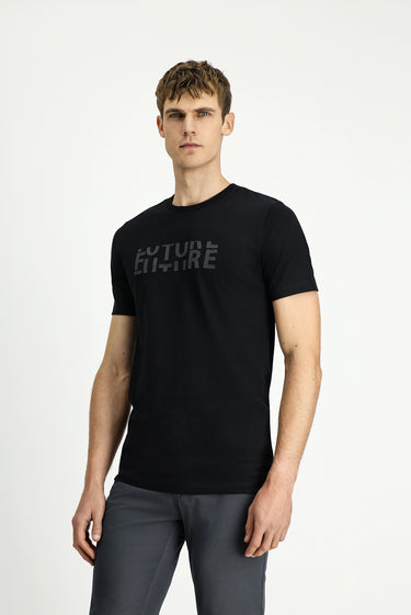 Siyah Bisiklet Yaka Regular Fit Pamuk Baskılı Tişört