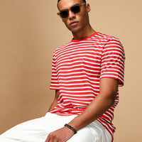 Flag Red Crew Neck Slim Fit Narrow Cut Cotton Striped T-Shirt