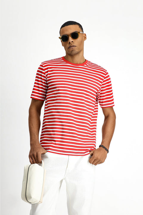 Flag Red Crew Neck Slim Fit Narrow Cut Cotton Striped T-Shirt