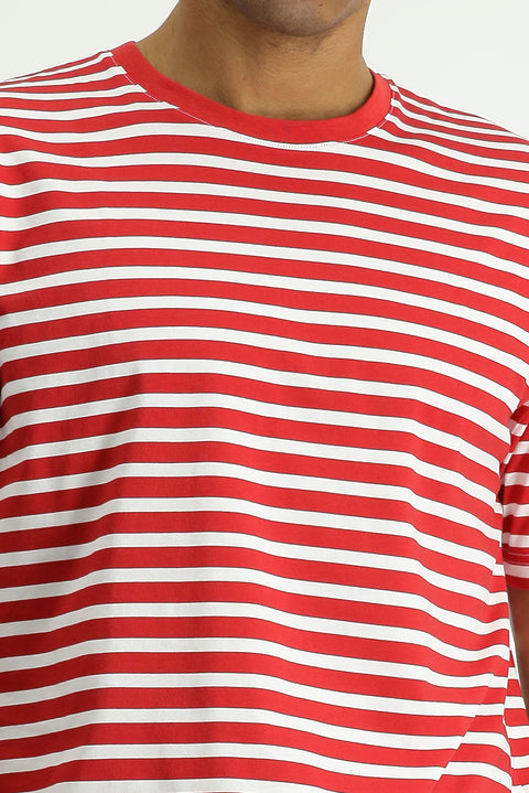 Flag Red Crew Neck Slim Fit Narrow Cut Cotton Striped T-Shirt