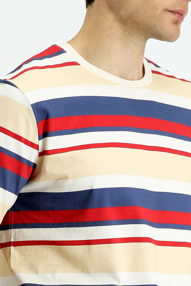 Bayrak Kırmızı Bisiklet Yaka Regular Fit Pamuk Çizgili Tişört