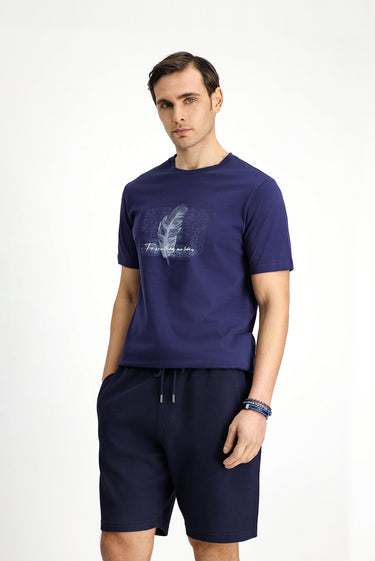 Koyu Lacivert Bisiklet Yaka Slim Fit Dar Kesim Baskılı Pamuklu Tişört