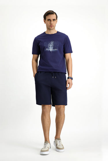 Koyu Lacivert Bisiklet Yaka Slim Fit Dar Kesim Baskılı Pamuklu Tişört