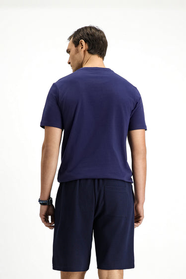 Koyu Lacivert Bisiklet Yaka Slim Fit Dar Kesim Baskılı Pamuklu Tişört