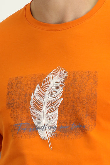 Orta Turuncu Bisiklet Yaka Slim Fit Dar Kesim Baskılı Pamuklu Tişört