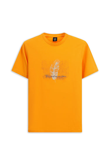 Orta Turuncu Bisiklet Yaka Slim Fit Dar Kesim Baskılı Pamuklu Tişört