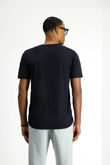 Siyah Techno-Line Bisiklet Yaka Slim Fit Dar Kesim Baskılı Likralı Süprem Tişört