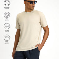 Açık Bej Techno-Line Bisiklet Yaka Slim Fit Dar Kesim Baskılı Likralı Süprem Tişört