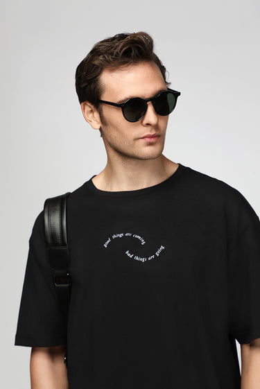 Siyah Bisiklet Yaka Slim Fit Dar Kesim Baskılı Pamuklu Tişört