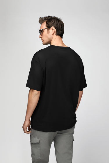 Siyah Bisiklet Yaka Slim Fit Dar Kesim Baskılı Pamuklu Tişört