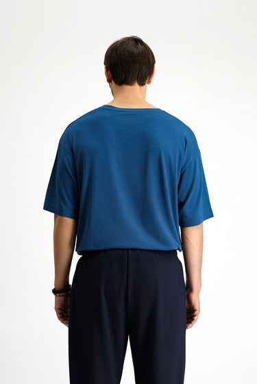 Koyu Petrol Bisiklet Yaka Slim Fit Dar Kesim Baskılı Pamuklu Tişört