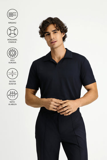 Siyah Techno-Line Regular Fit Likralı Baskılı Polo Yaka Tişört