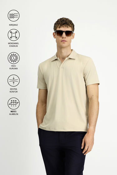 Açık Bej Techno-Line Regular Fit Likralı Baskılı Polo Yaka Tişört