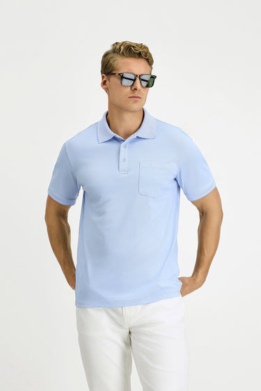 Açık Mavi Regular Fit Pamuklu Desenli Cepli Polo Yaka Tişört