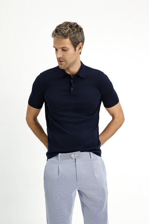 Orta Lacivert Regular Fit Pamuklu Polo Yaka Örme Tişört