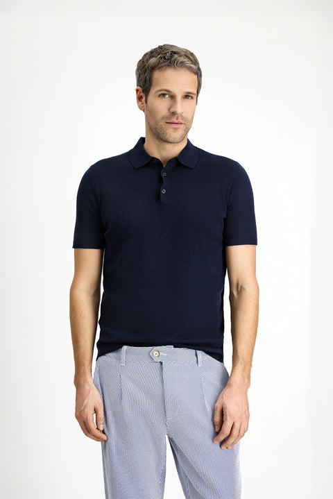 Orta Lacivert Regular Fit Pamuklu Polo Yaka Örme Tişört