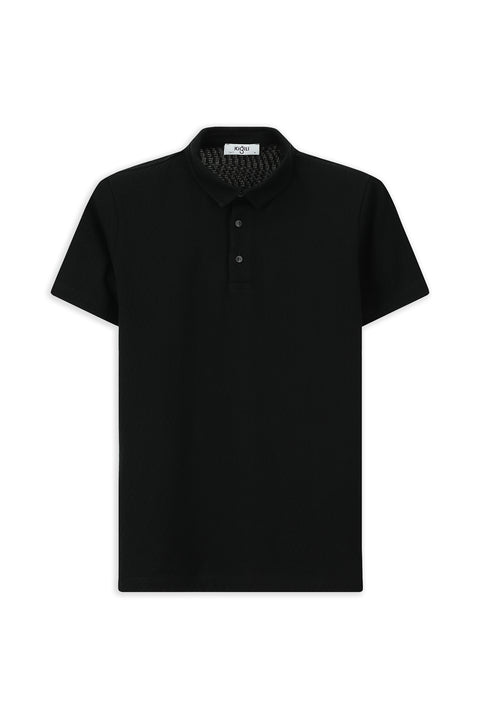 Siyah Slim Fit Dar Kesim Pamuk Desenli Polo Yaka Tişört