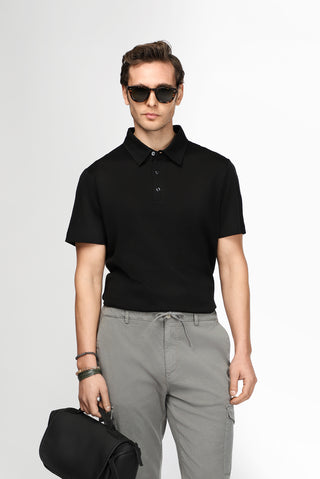 Siyah Slim Fit Dar Kesim Pamuk Desenli Polo Yaka Tişört