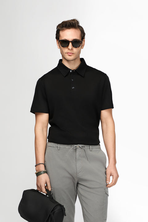 Siyah Slim Fit Dar Kesim Pamuk Desenli Polo Yaka Tişört