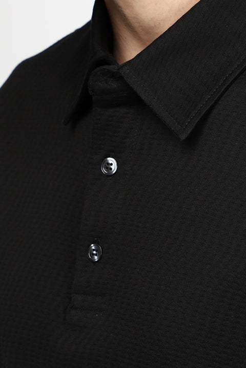 Siyah Slim Fit Dar Kesim Pamuk Desenli Polo Yaka Tişört