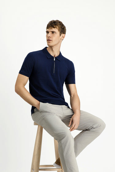Orta Lacivert Slim Fit Dar Kesim Pamuk Desenli Fermuarlı Polo Yaka Tişört