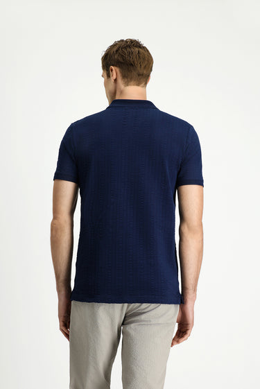 Orta Lacivert Slim Fit Dar Kesim Pamuk Desenli Fermuarlı Polo Yaka Tişört